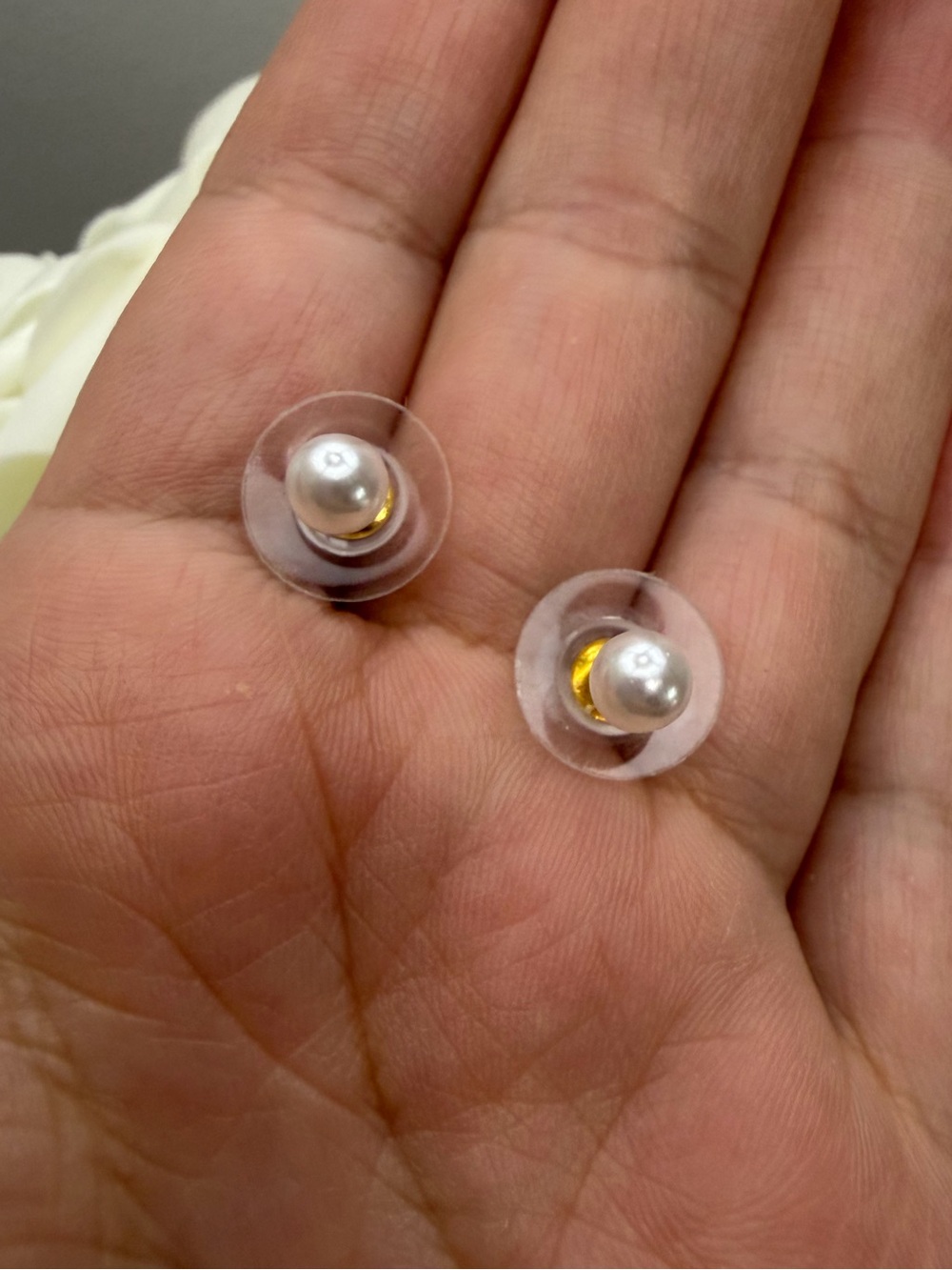 Classic Pearl Stud Earrings with Clear Back (White)